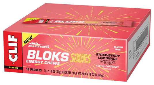 Clif Shot Bloks - Sour Strawberry Lemonade, with 25mg Caffeine, Box of 18 Pack of  18