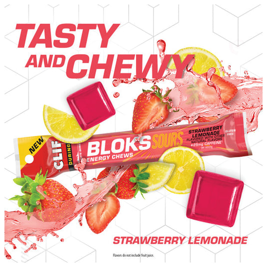 Clif Shot Bloks - Sour Strawberry Lemonade, with 25mg Caffeine, Box of 18 Pack of  18