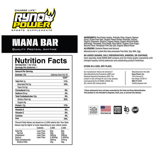 Ryno Power Mana Bar Superfood Protein Bar, 12/Box, Choc/Peanut