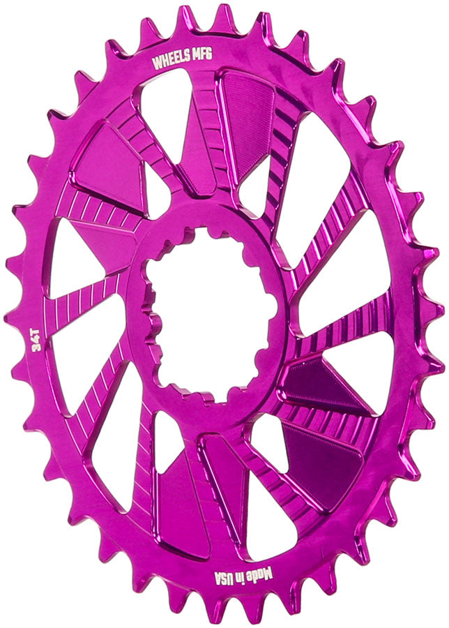Load image into Gallery viewer, Wheels Manufacturing Direct Mount Chainring - 34t, SRAM 3-Bolt Direct Mount, 3mm Offset, T-Type Chain Compatible, Purple
