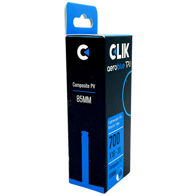 Load image into Gallery viewer, Clik AeroBlue TPU Bike Tubes &amp; Valve Kit 700c, 18-30mm Width, Reinforced Metal Valve
