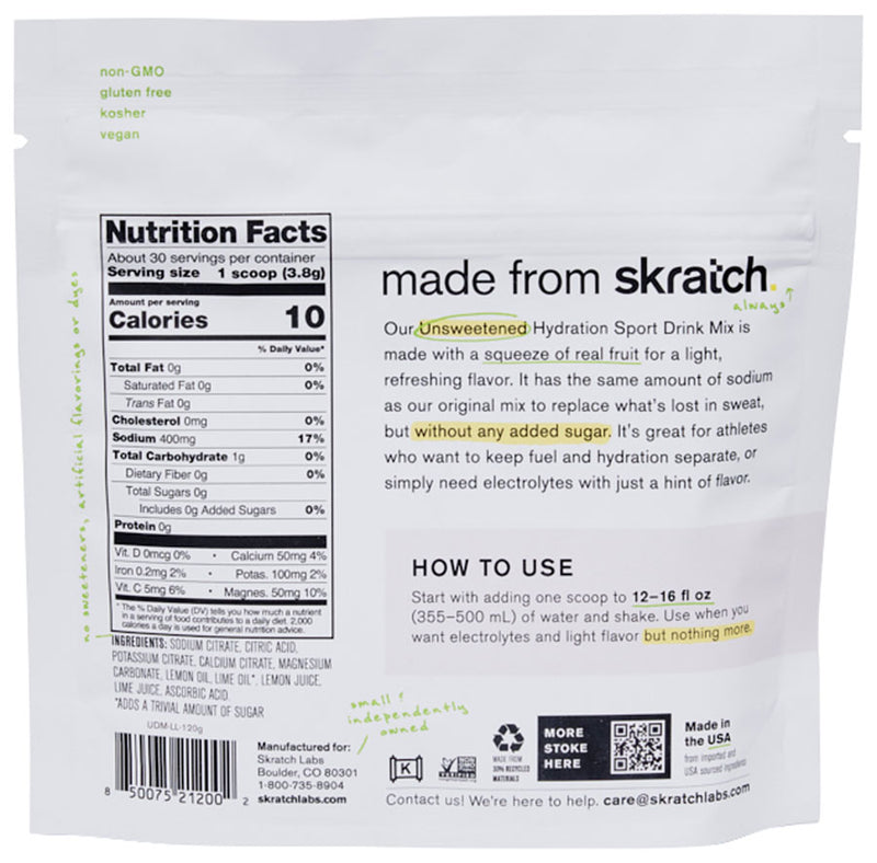 Load image into Gallery viewer, Skratch Labs Unsweetened Hydration Sport Drink Mix - Lemon + Lime, 30-Serving Resealable Bag
