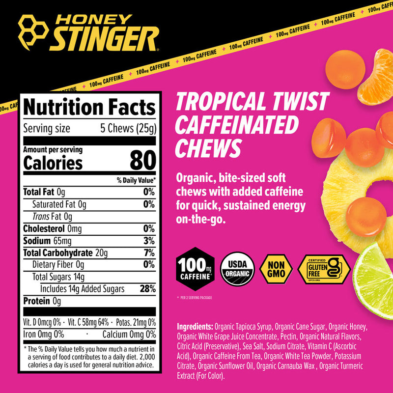Load image into Gallery viewer, Honey Stinger High Caffeinated Energy Chews - Tropical Twist, Box of 12 Packets Pack of  12
