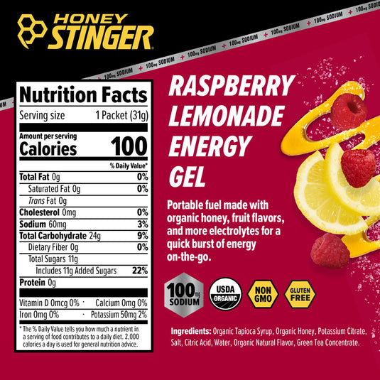 Honey Stinger Electrolyte Energy Gel - Raspberry Lemonade, Box of 12 Pack of  12
