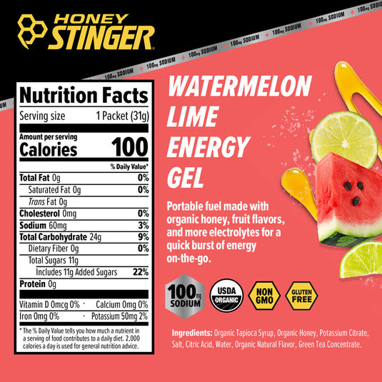 Honey Stinger Electrolyte Energy Gel - Watermelon Lime, Box of 12 Pack of  12