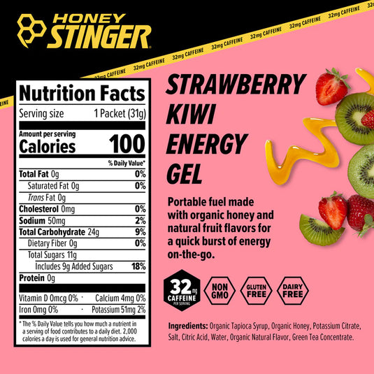 Honey Stinger Organic Energy Gel Box of 24 Energy Strawberry/Kiwi Caffeine Box of 24 Yes