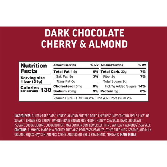 Kate's Real Food Mini Bar 1.1oz, 24/Box, Dark Choc/Cherry Almond