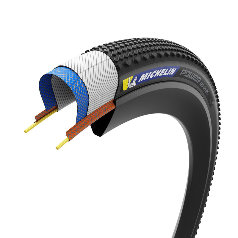 Load image into Gallery viewer, Michelin Power Gravel Gravel Tire, 700x57C, Folding, Tubeless Ready, MAGI-X, Bead2Bead Protek, 3x120TPI, Tan
