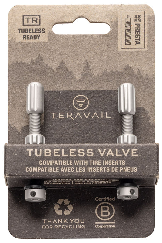 Teravail Alloy Tubeless Valves - Pair, 48mm, Matte Silver