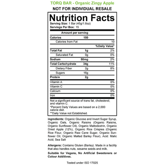 Torq Organic Energy Bar, Zingy Apple, 15/Count NLS