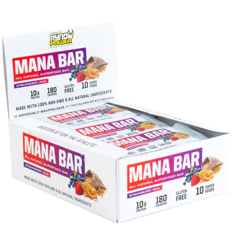 Load image into Gallery viewer, Ryno Power Mana Bar Superfood Protein Bar, 12/Box, Strawb/Acai
