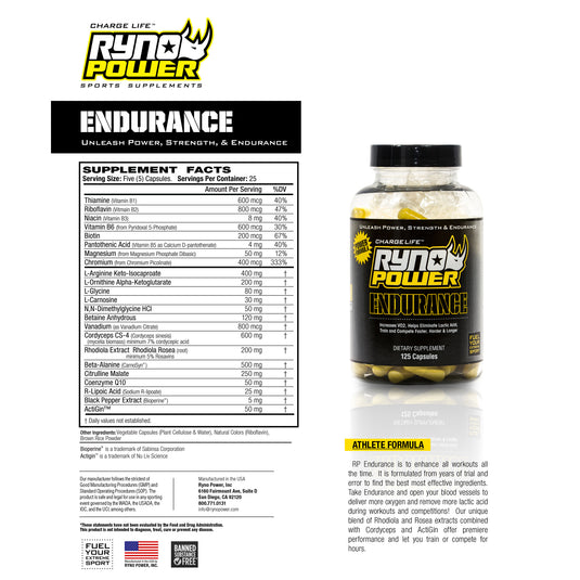 Ryno Power Endurance Supplement - 25 Servings, 125 capsules