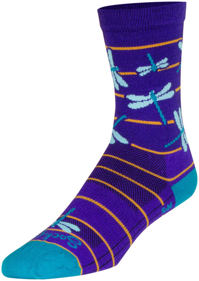 Load image into Gallery viewer, SockGuy Dragonflies Crew Socks - 6", Purple/Blue/Orange, Large/X-Large
