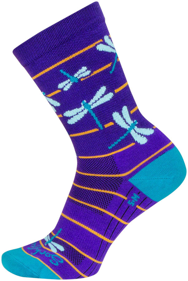 Load image into Gallery viewer, SockGuy Dragonflies Crew Socks - 6", Purple/Blue/Orange, Large/X-Large
