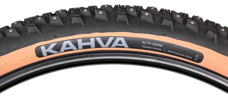 Load image into Gallery viewer, 45NRTH Kahva Tire 27.5x2.1 Tubeless Folding Tan 60tpi 240 Concave Carbide Studs
